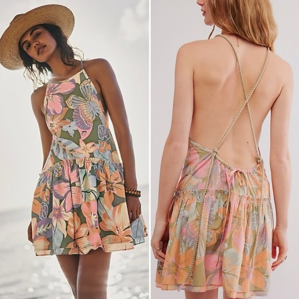 Free People Deserted Island Open Back Mini Dress Size M Rope Strap Boho Beach